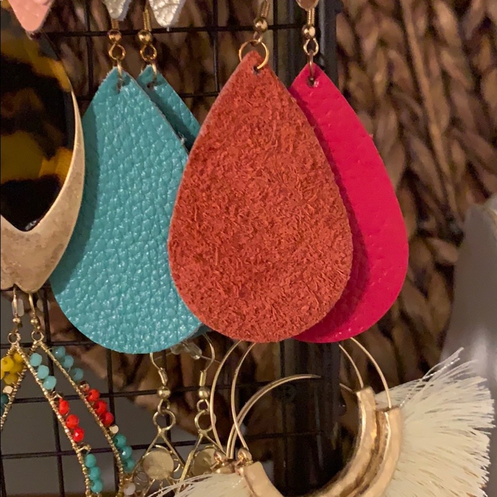 Hot Pink Teardrop Leather Earrings - Picture 4 of 4